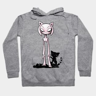 Cosmic Feline Encounter - Pink Alien and Black Cat Delight Hoodie